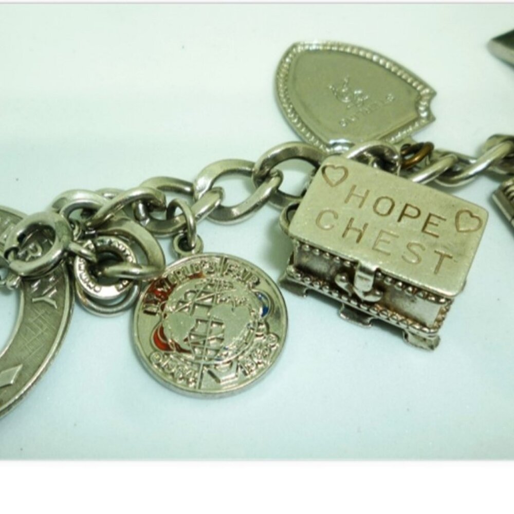 UNIQUE STERLING TRAVEL CHARMS BRACELET BIBLE CROWN HOPE CHEST WORLD FAIR EIFEL - Picture 2 of 7